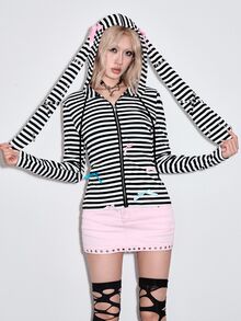 ROMWE Y2K Women's Autumn/Winter Striped Long Sleeve Rabbit Ears Casual Zip-Up Sweatshirt, Black And White Stripes, Bow - Multicolor - View 5