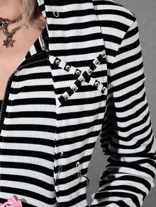 ROMWE Y2K Women's Autumn/Winter Striped Long Sleeve Rabbit Ears Casual Zip-Up Sweatshirt, Black And White Stripes, Bow - Multicolor - View 2