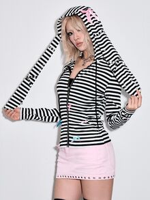 ROMWE Y2K Women's Autumn/Winter Striped Long Sleeve Rabbit Ears Casual Zip-Up Sweatshirt, Black And White Stripes, Bow - Multicolor - View 7