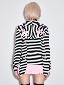 ROMWE Y2K Women's Autumn/Winter Striped Long Sleeve Rabbit Ears Casual Zip-Up Sweatshirt, Black And White Stripes, Bow - Multicolor - View 3
