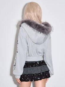 ROMWE Cute Anime Print Grey Raw Hem Cropped Women's Sweatshirt - Grey - View 9