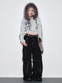 ROMWE Cute Anime Print Grey Raw Hem Cropped Women's Sweatshirt - Grey - View 7