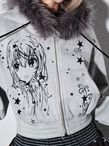 ROMWE Cute Anime Print Grey Raw Hem Cropped Women's Sweatshirt - Grey - View 2