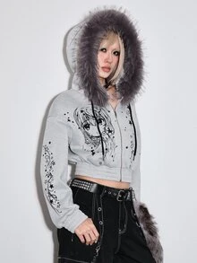 ROMWE Cute Anime Print Grey Raw Hem Cropped Women's Sweatshirt - Grey - View 1