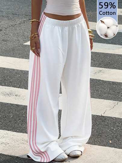 Muchica Pantalones de chándal de pierna ancha de algodón de punto casual para mujer