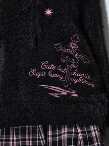 ROMWE Kawaii Sweater Wanita Motif Kelinci Merah Muda Bordir Hitam Mohair Ukuran Besar untuk Musim Gugur/Dingin, Cocok untuk Gadis Keren dan Manis - Hitam - View 10