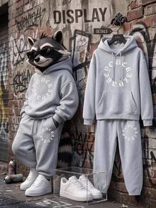 SHEIN 兒童青少年男孩休閒大字母圖案麻灰連帽衛衣套裝，運動休閒服，適合秋冬、學校、家庭聚會、度假，男孩套裝 - 灰色 - 查看 4