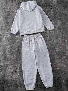 SHEIN 兒童青少年男孩休閒大字母圖案麻灰連帽衛衣套裝，運動休閒服，適合秋冬、學校、家庭聚會、度假，男孩套裝 - 灰色 - 查看 3