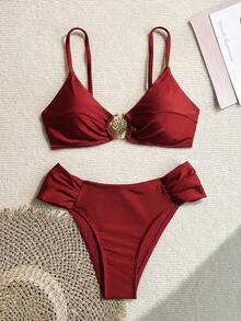 Swim Basics 女士春假性感金属装饰素食高腰褶皱细肩带比基尼套装，女士夏季泳装 - 酒紅色 - 查看 5