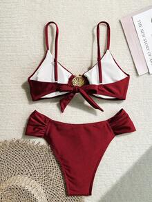 Swim Basics 女士春假性感金属装饰素食高腰褶皱细肩带比基尼套装，女士夏季泳装 - 酒紅色 - 查看 2