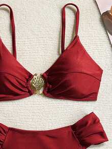 Swim Basics 女士春假性感金属装饰素食高腰褶皱细肩带比基尼套装，女士夏季泳装 - 酒紅色 - 查看 3