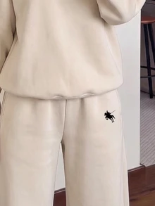 淺卡其色迷你騎士圖案女款青少年休閒極簡寬鬆軟厚連帽衛衣＋寬腿運動褲兩件套，適合秋冬日常、運動、返校、出遊，美式街頭風，甜酷慵懶休閒女孩風 - 彩色 - 查看 5