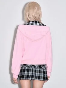 ROMWE Kawaii Autumn/Winter Cute 3D Ear Design Patchwork Plaid Heart Women's Sweatshirt - Pink - View 3