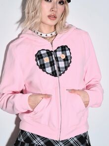 ROMWE Kawaii Autumn/Winter Cute 3D Ear Design Patchwork Plaid Heart Women's Sweatshirt - Pink - View 6