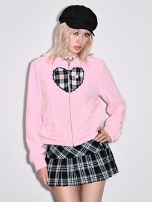 ROMWE Kawaii Autumn/Winter Cute 3D Ear Design Patchwork Plaid Heart Women's Sweatshirt - Pink - View 5