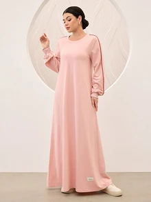 Graceveil Pink Spring/Autumn Comfortable Knit Solid Color Sporty Women's Long Robe, Side Contrast Color Thin Stripe Loose Floor-Length Dress - Pink - View 7