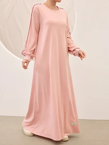 Graceveil Pink Spring/Autumn Comfortable Knit Solid Color Sporty Women's Long Robe, Side Contrast Color Thin Stripe Loose Floor-Length Dress - Pink - View 5