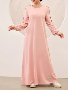 Graceveil Pink Spring/Autumn Comfortable Knit Solid Color Sporty Women's Long Robe, Side Contrast Color Thin Stripe Loose Floor-Length Dress - Pink - View 2