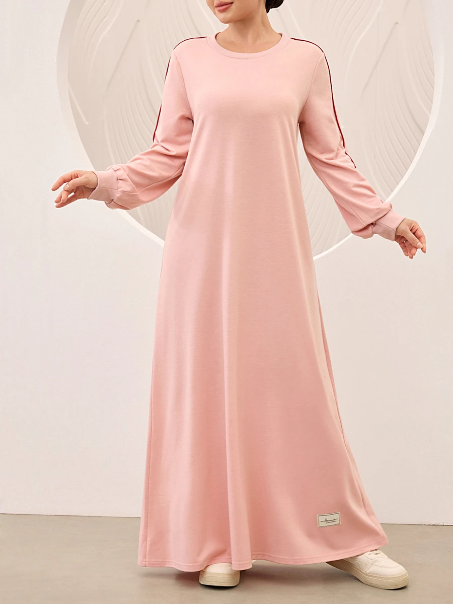 Graceveil Pink Spring/Autumn Comfortable Knit Solid Color Sporty Women's Long Robe, Side Contrast Color Thin Stripe Loose Floor-Length Dress