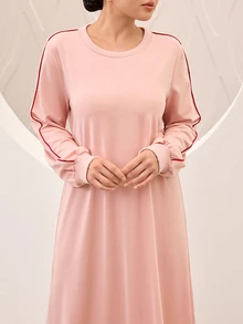 Graceveil Pink Spring/Autumn Comfortable Knit Solid Color Sporty Women's Long Robe, Side Contrast Color Thin Stripe Loose Floor-Length Dress - Pink - View 3