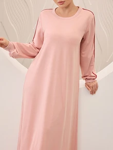 Graceveil Pink Spring/Autumn Comfortable Knit Solid Color Sporty Women's Long Robe, Side Contrast Color Thin Stripe Loose Floor-Length Dress - Pink - View 4