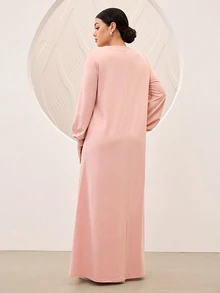 Graceveil Pink Spring/Autumn Comfortable Knit Solid Color Sporty Women's Long Robe, Side Contrast Color Thin Stripe Loose Floor-Length Dress - Pink - View 6