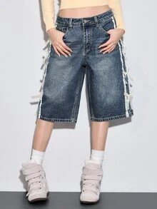 Sweetness Vintage Washed Low Waist Bermuda Denim Shorts With Satin Ribbon Bow Decor For Women - Dark Wash - View 4