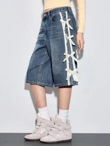 Sweetness Vintage Washed Low Waist Bermuda Denim Shorts With Satin Ribbon Bow Decor For Women - Dark Wash - View 5