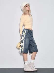 Sweetness Vintage Washed Low Waist Bermuda Denim Shorts With Satin Ribbon Bow Decor For Women - Dark Wash - View 7
