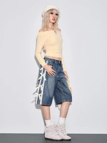 Sweetness Vintage Washed Low Waist Bermuda Denim Shorts With Satin Ribbon Bow Decor For Women - Dark Wash - View 6