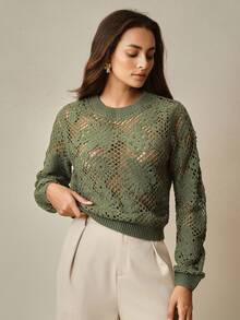 Anewsta Sweater Rajut Berongga Motif Bunga Asimetris Hijau Model Crop dengan Leher Bulat - Hijau - View 6