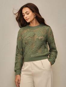 Anewsta Sweater Rajut Berongga Motif Bunga Asimetris Hijau Model Crop dengan Leher Bulat - Hijau - View 7