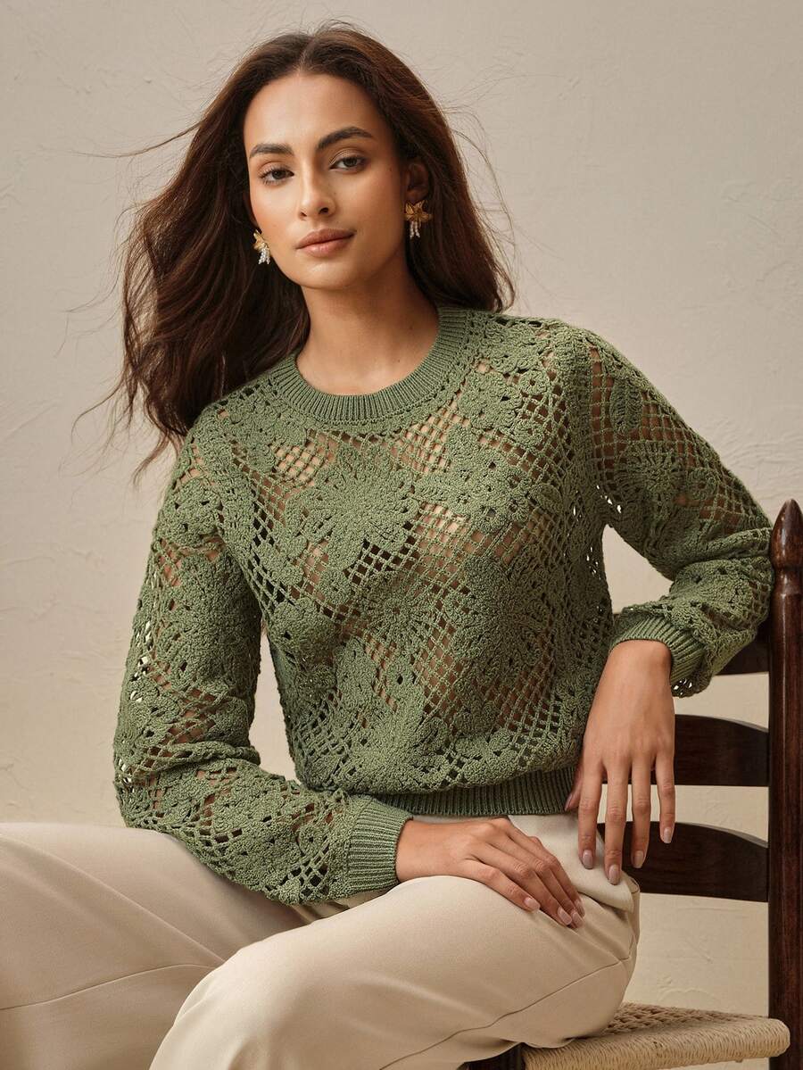 Anewsta Sweater Rajut Berongga Motif Bunga Asimetris Hijau Model Crop dengan Leher Bulat - Hijau - View 1