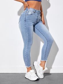 Flexra Plus Size Solid Color Frayed Hem Slant Pocket Metal Decor Casual Jeans - Light Wash - View 7