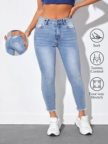Flexra Plus Size Solid Color Frayed Hem Slant Pocket Metal Decor Casual Jeans - Light Wash - View 1