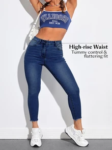 Jeanoix Plus Size Women's Frayed Pocket Button Skinny Cropped Jeans - Dark Wash - View 5