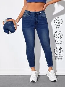 Jeanoix Plus Size Women's Frayed Pocket Button Skinny Cropped Jeans - Dark Wash - View 1