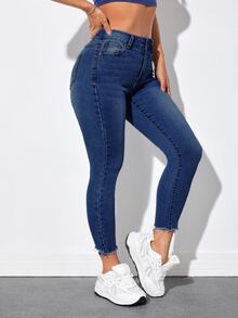 Jeanoix Plus Size Women's Frayed Pocket Button Skinny Cropped Jeans - Dark Wash - View 4