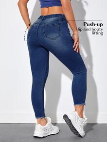 Jeanoix Plus Size Women's Frayed Pocket Button Skinny Cropped Jeans - Dark Wash - View 2