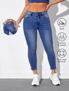 Jeanoix Plus Size Women's Frayed Pocket Button Skinny Cropped Jeans Formal Vacation Light Blue Summer Casual Baggy - Medium Wash - View 1
