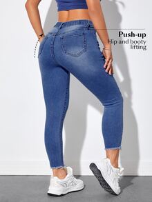 Jeanoix Plus Size Women's Frayed Pocket Button Skinny Cropped Jeans Formal Vacation Light Blue Summer Casual Baggy - Medium Wash - View 2