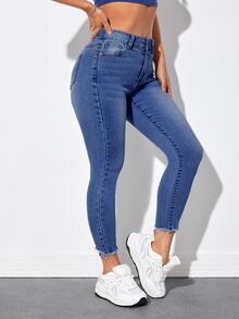 Jeanoix Plus Size Women's Frayed Pocket Button Skinny Cropped Jeans Formal Vacation Light Blue Summer Casual Baggy - Medium Wash - View 4