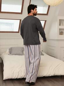 DAZY Spring/Autumn Solid Color Long Sleeve T-Shirt With Elastic Waist Long Plaid Pants Men's Loungewear Set - Multicolor - View 2