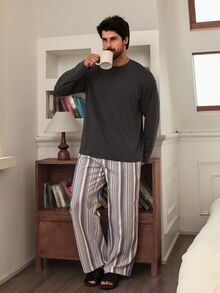 DAZY Spring/Autumn Solid Color Long Sleeve T-Shirt With Elastic Waist Long Plaid Pants Men's Loungewear Set - Multicolor - View 7