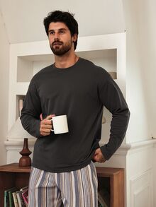 DAZY Spring/Autumn Solid Color Long Sleeve T-Shirt With Elastic Waist Long Plaid Pants Men's Loungewear Set - Multicolor - View 3