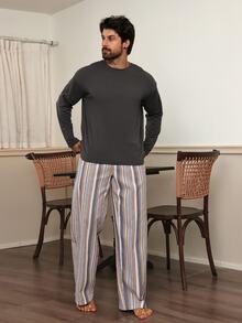 DAZY Spring/Autumn Solid Color Long Sleeve T-Shirt With Elastic Waist Long Plaid Pants Men's Loungewear Set - Multicolor - View 4