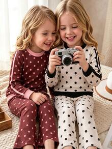 SHEIN Elladie kids 少女蝴蝶結連帽衛衣與運動衫套裝，秋季新款，秋季風格，校園穿搭，波點圖案 - 彩色 - 查看 3