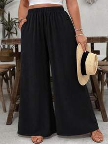 SHEIN VCAY Plus Size Women's Black Pure Cotton Wide Leg Long Pants, Autumn/Winter Fall - Black - View 6