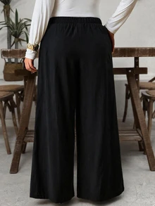 SHEIN VCAY Plus Size Women's Black Pure Cotton Wide Leg Long Pants, Autumn/Winter Fall - Black - View 2