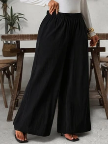 SHEIN VCAY Plus Size Women's Black Pure Cotton Wide Leg Long Pants, Autumn/Winter Fall - Black - View 4